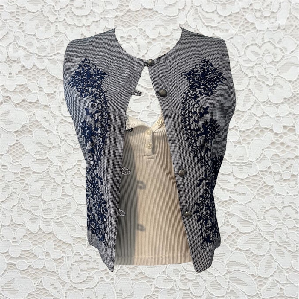 vintage express navy blue embroidered button mini‎ vest